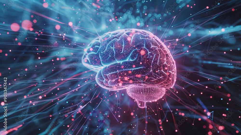Digital brain surrounded by neural network visualization. Digital brain surrounded by neural network visualization.