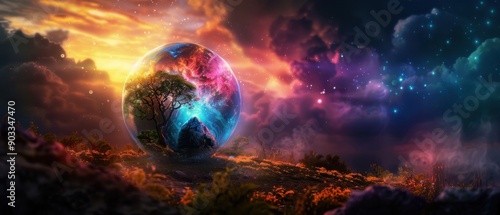 Enchanting Fantasy Landscape with Glowing Planet and Mystical Sky at Sunset photo