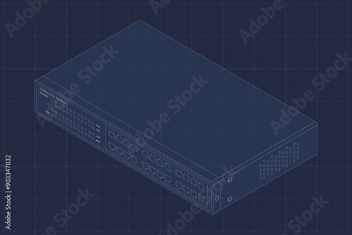 Blueprint of isometric switch. Networking ethernet switch. Isometric switch. Network technology. Vector illustration