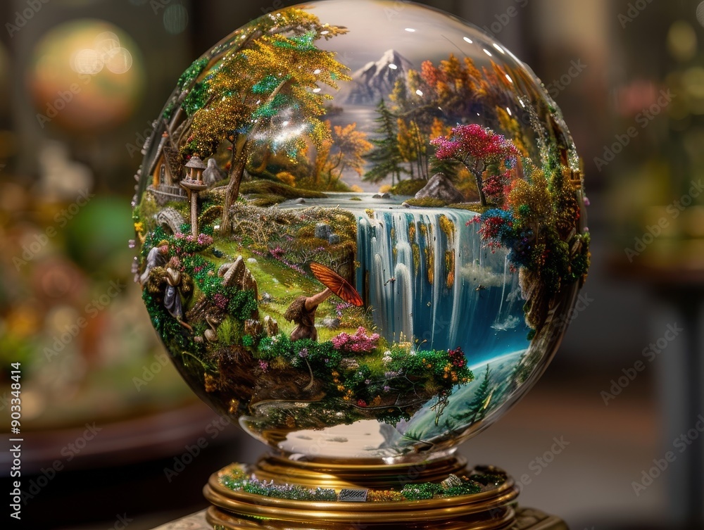 Intricate Glass Globe with Enchanting Landscape Featuring Waterfall, Mountains, and Lush Forest Intricate Glass Globe with Enchanting Landscape Featuring Waterfall, Mountains, and Lush Forest