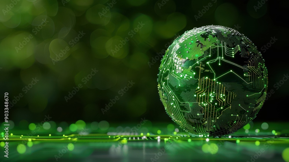 © TPS Studio - Futuristic Green Globe with Circuit Board Design Representing Technology and Environmental Sustainability