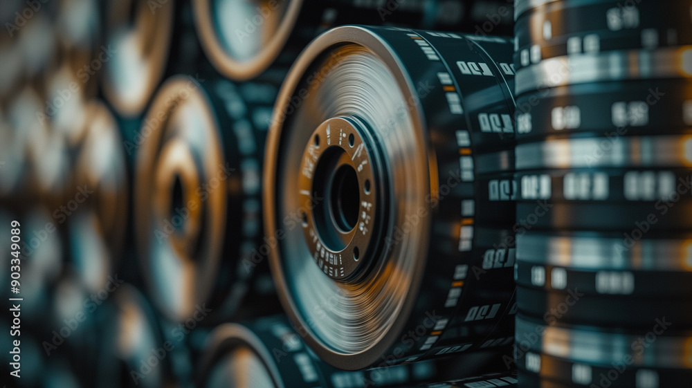 A close-up view of film reels stacked together, showcasing their intricate designs. A close-up view of film reels stacked together, showcasing their intricate designs.