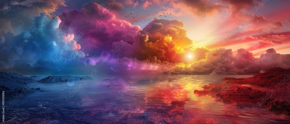 Naklejka premium Stunning Vibrant Sunset Over Tranquil Ocean with Dramatic Colorful Clouds and Reflective Water Surface