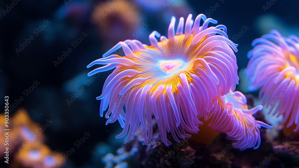 A vibrant underwater scene featuring multicolored sea anemones illuminated against a dark aquatic background. A vibrant underwater scene featuring multicolored sea anemones illuminated against a dark aquatic background.
