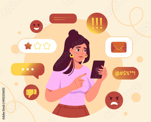Woman with cyber bullying. Young girl with smartphone reads negative comments and insults on social networks. Trolling and harassment on internet. Flat vector illustration