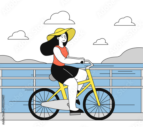 Woman cycling at pier. Young girl rides bicycle on sea coast. Tourism and traveler in tropical countries. Active lifestyle and sports. Linear vector illustration