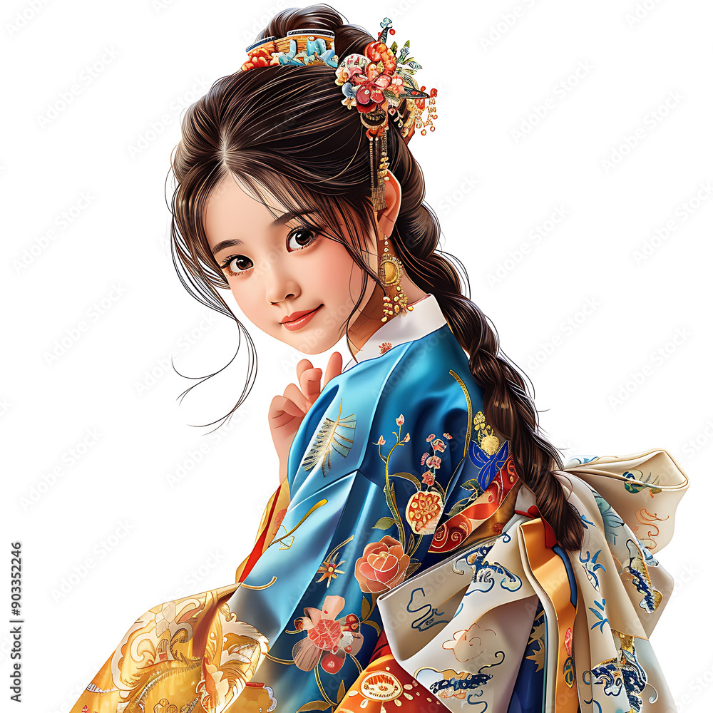 3. Youthful digital illustration of a captivating Korean teenage girl with impeccable skin, enchanting eyes, and a delightful smile, against a white background, blending Korean traditional art 3. Youthful digital illustration of a captivating Korean teenage girl with impeccable skin, enchanting eyes, and a delightful smile, against a white background, blending Korean traditional art