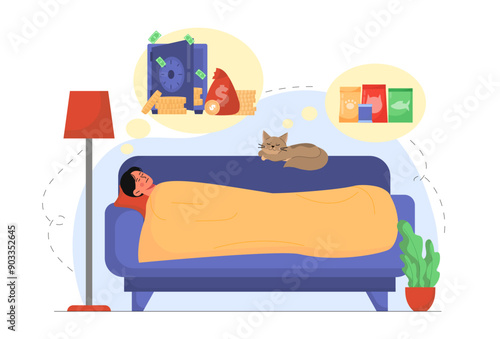 Boy and cat in dreamland. Schoolboy sleeps and dreams of wealth, kitten dreams of bowls of food. Peaceful scene at home. Rest and relax. Flat vector illustration