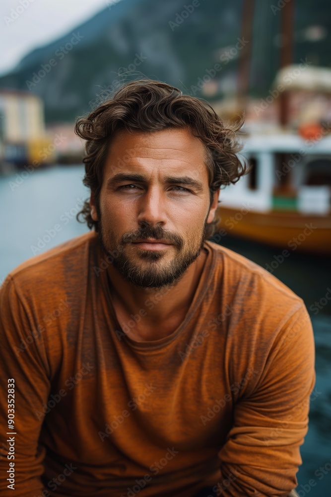 Close-up of an Italian man's face on a boat looking forward. Handsome Italian man's face wearing a t-shirt under soft sunlight. Close-up of an Italian man's face on a boat looking forward. Handsome Italian man's face wearing a t-shirt under soft sunlight.