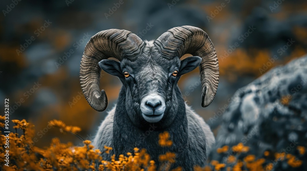a ram with large horns standing in a field of flowers a ram with large horns standing in a field of flowers