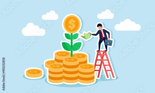 growing investments wealth growth, increased earnings, savings, and wealth management, including pension funds, concept of A businessman investor waters a stack of dollar coins to grow a money plant