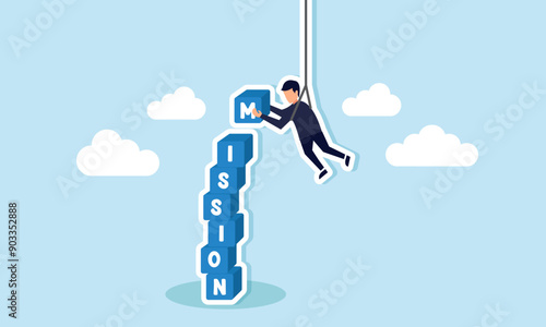 Business mission skills to achieve targets, overcome obstacles, and find motivation to do the impossible, concept of A skillful businessman hangs from above, managing to complete mission blocks