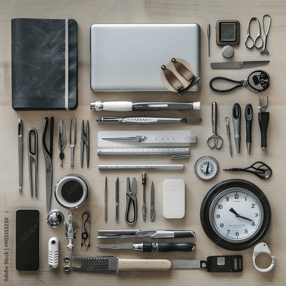 Left-Handed Tools A modern and sleek depiction of a workspace filled with tools and gadgets specifically designed for left-handers Left-Handed Tools A modern and sleek depiction of a workspace filled with tools and gadgets specifically designed for left-handers