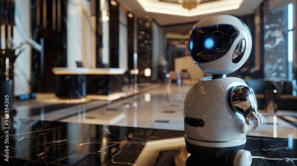 Futuristic Hotel Lobby with a Friendly Robot