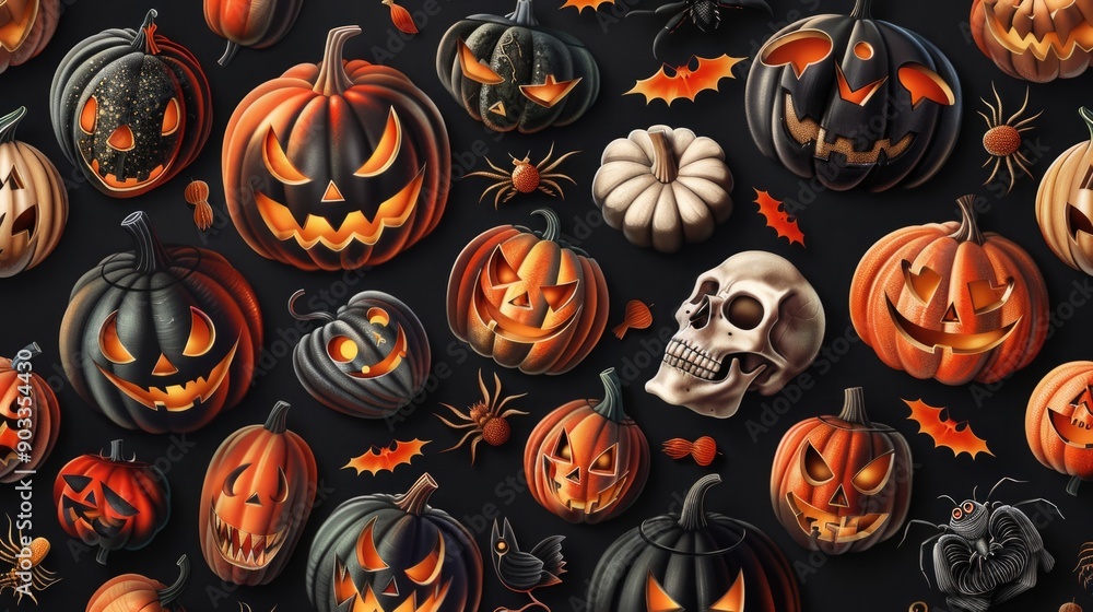 A collection of Halloween pumpkins against a dark, black background A collection of Halloween pumpkins against a dark, black background