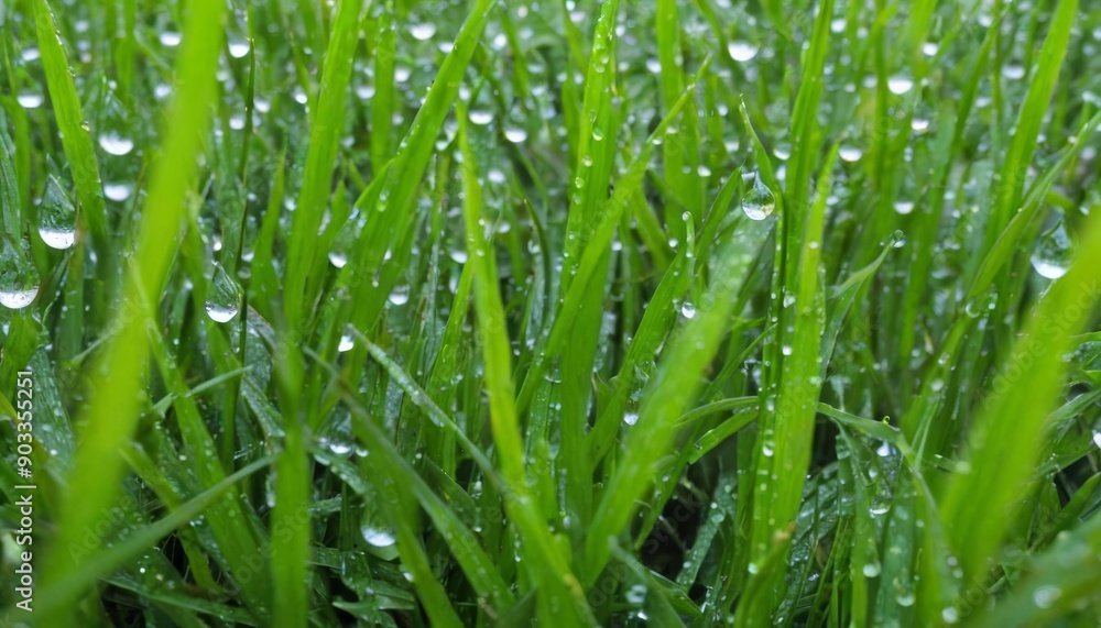 Dewdrops on blades of grass a sign of mornings freshness Dewdrops on blades of grass a sign of mornings freshness