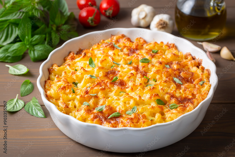 Traditional North American dish. Baked pasta with cheese.