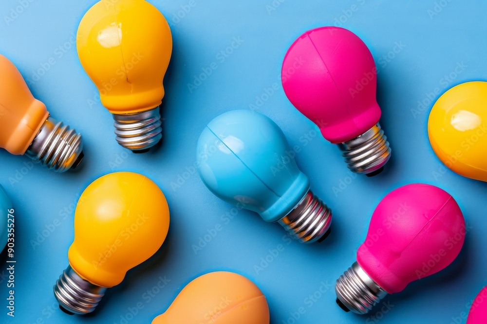 Colorful light bulbs on a blue background emphasizing creativity and vibrancy. Colorful light bulbs on a blue background emphasizing creativity and vibrancy.