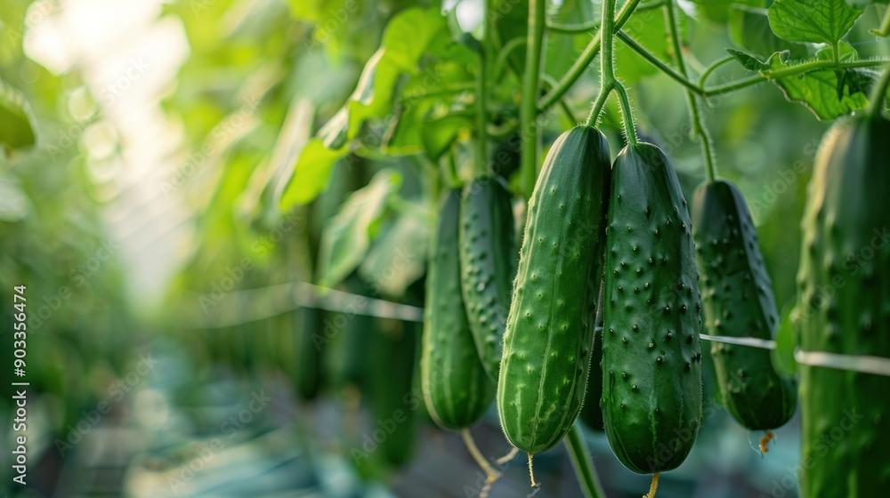 Green Cucumbers Growing on Vines in a Greenhouse Green Cucumbers Growing on Vines in a Greenhouse