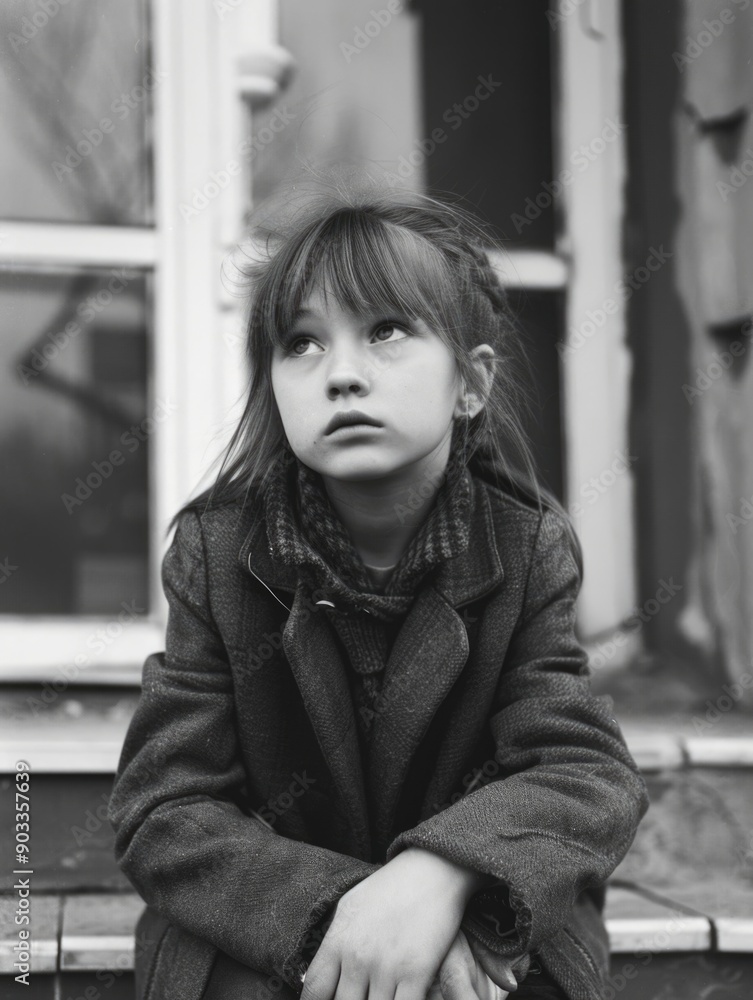 A young child sitting on the porch steps of a house A young child sitting on the porch steps of a house