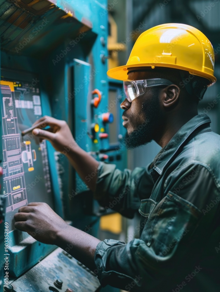 A construction worker wearing a hard hat is operating a machine on a job site A construction worker wearing a hard hat is operating a machine on a job site