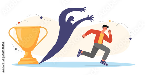 Man run from fear. Young guy runs away from shadow and golden cup. Mental problems and psychological disorder. Scared person. Negative feelings and emotions. Flat vector illustration