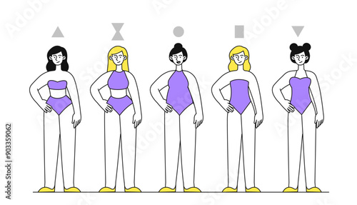 Different female body set. Womens with geometric figures. Triangle, round, square and hourglass. Anatomical silhouettes. Linear vector collection