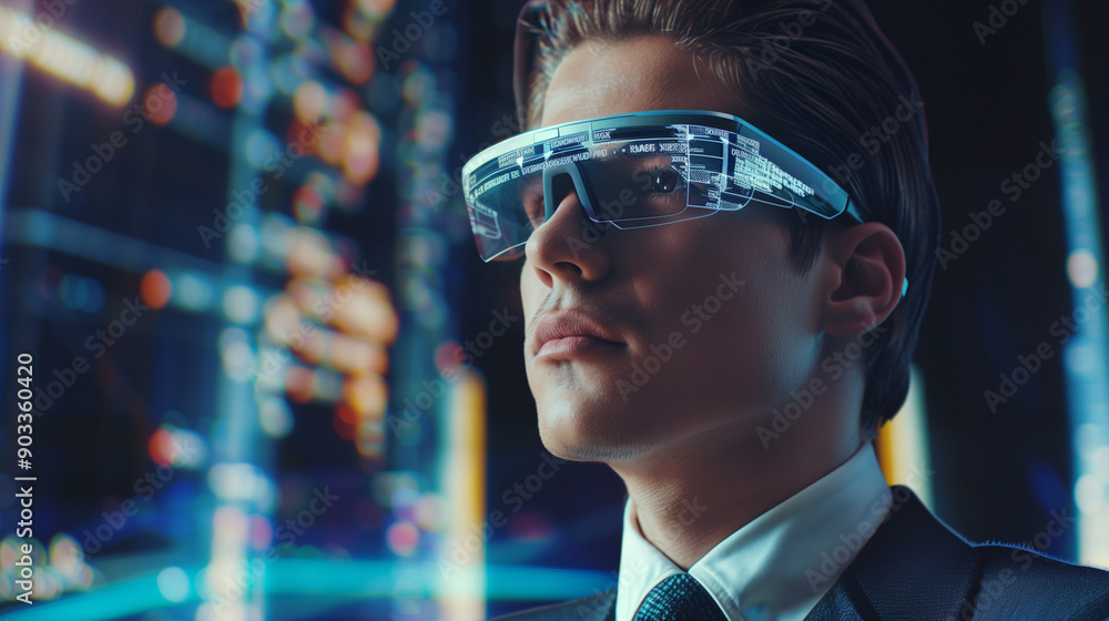 Young Professional Businessman Wearing Futuristic AR Glasses in High-Tech Urban Environment with Neon Lights Young Professional Businessman Wearing Futuristic AR Glasses in High-Tech Urban Environment with Neon Lights