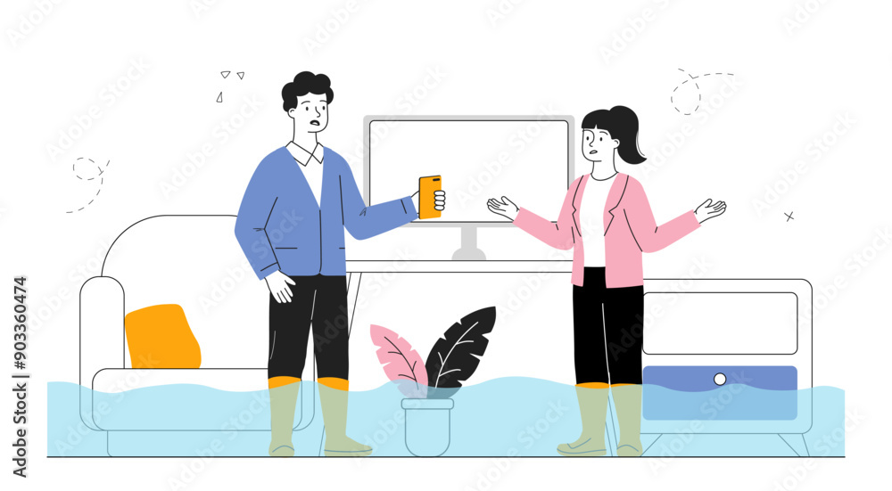 People in flooded house. Man and woman standing in apartment with water. Sewer pipe burst, problems in bathroom. Accident and disaster at home. Linear vector illustration People in flooded house. Man and woman standing in apartment with water. Sewer pipe burst, problems in bathroom. Accident and disaster at home. Linear vector illustration
