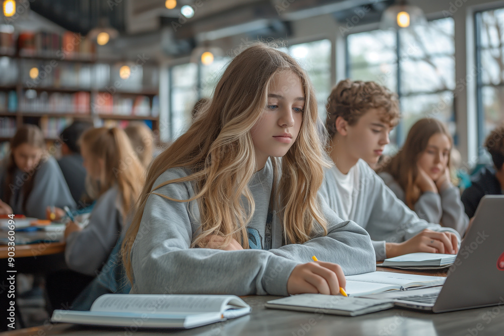 A girl is sitting at a table with a laptop and a book A girl is sitting at a table with a laptop and a book