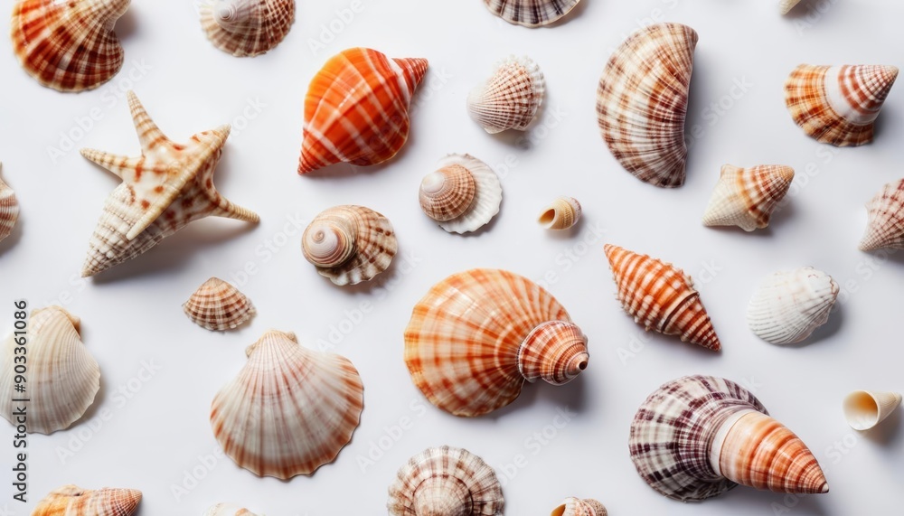 A collection of vibrant seashells on a white background A collection of vibrant seashells on a white background