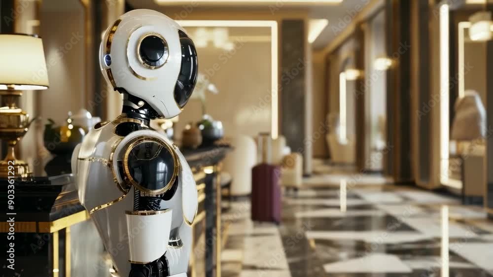A sleek, modern robot assistant stands in a luxurious hotel lobby. The robot has a glossy, futuristic design and is surrounded by elegant decor, including polished marble floors and fine furnishings. A sleek, modern robot assistant stands in a luxurious hotel lobby. The robot has a glossy, futuristic design and is surrounded by elegant decor, including polished marble floors and fine furnishings.