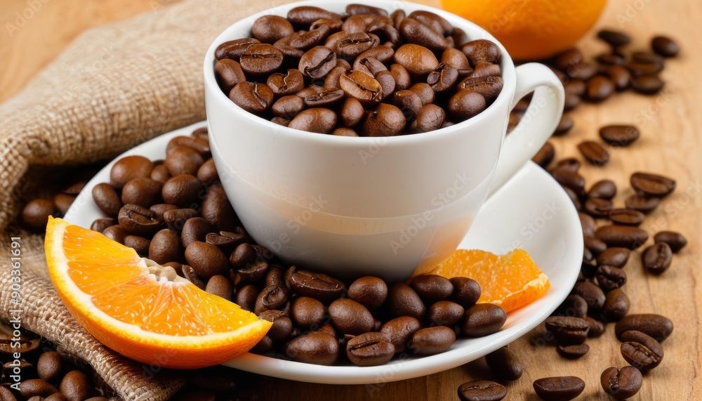 Fototapeta premium Aromatic coffee beans and fresh orange slices a perfect blend of flavors