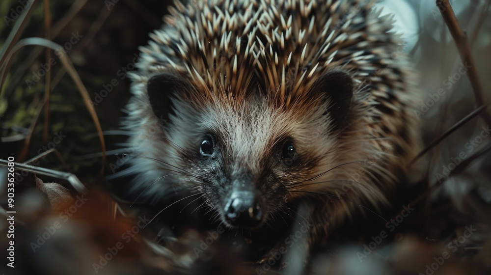 A close-up shot of a small hedgehog hiding in the grass A close-up shot of a small hedgehog hiding in the grass