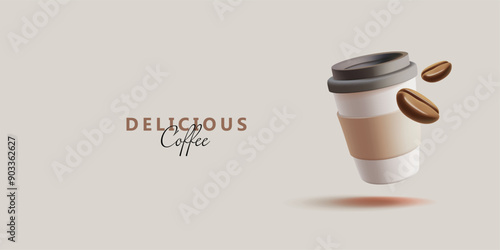 Delicious coffee. Paper modern cup with coffee and coffee beans. Beautiful illustration for advertising coffee in cafes and restaurants. Vector illustration.