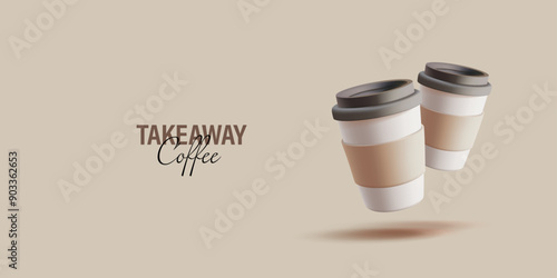 Takeaway coffee. Two closed modern paper cups for hot drinks. Banner for advertising delicious coffee. Vector illustration.