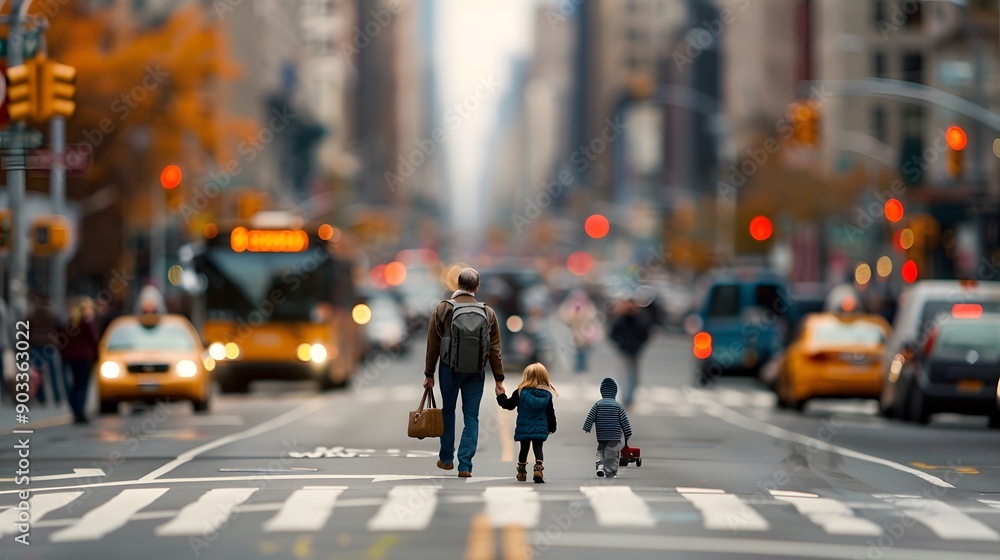 City Life: A father and child navigate the bustling streets of New York City, their figures dwarfed by the towering buildings and constant flow of traffic. The image captures a sense of both anonymit City Life: A father and child navigate the bustling streets of New York City, their figures dwarfed by the towering buildings and constant flow of traffic. The image captures a sense of both anonymit