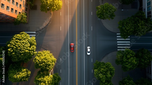 Aerial View of Intersection: A lone red car drives down a bustling city street with a white car behind it. The aerial perspective showcases the urban landscape with a hint of golden sunlight shining t