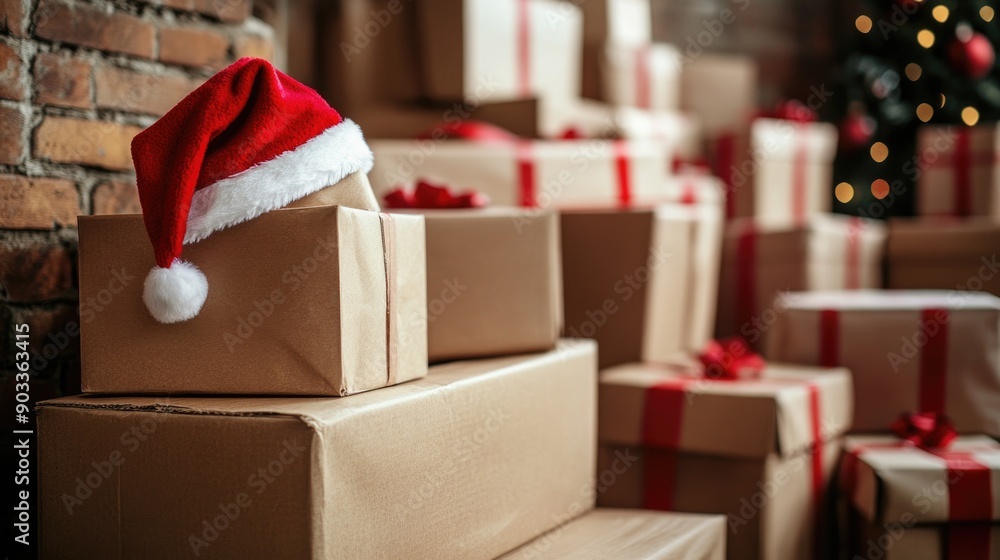 Fototapeta premium Boxes with Christmas presents and santa hat. shipping delivery company concept