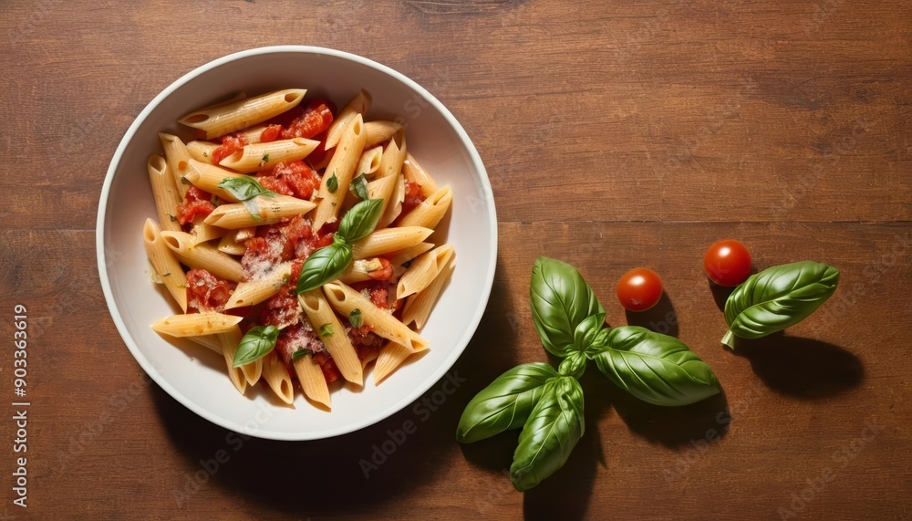 Delicious pasta dish with fresh basil and cherry tomatoes Delicious pasta dish with fresh basil and cherry tomatoes