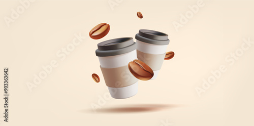 Paper cups with coffee and coffee beans, 3D. Realistic, beautiful composition for advertising and promotion of coffee shops, coffee delicious hot drinks. Vector illustration.