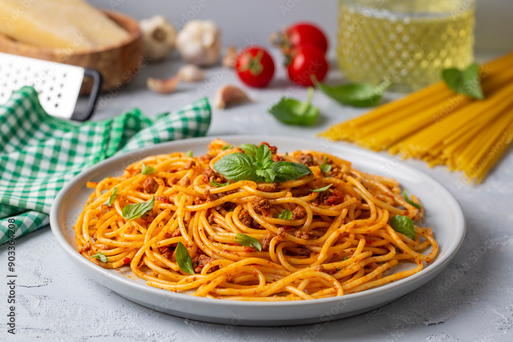 Pasta spaghetti bolognese with minced beef sauce, tomatoes, parmesan cheese and fresh basil in a plate