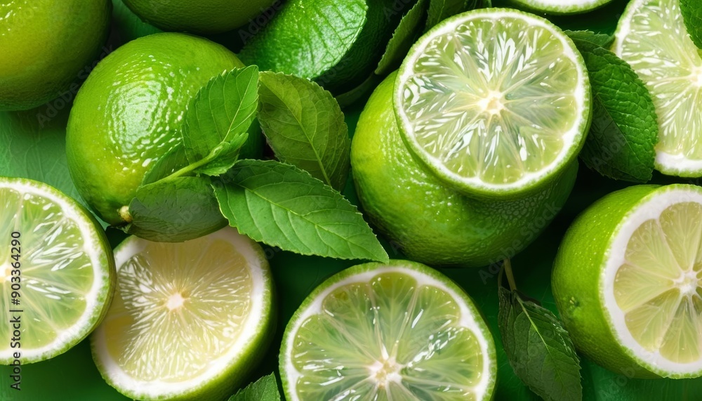 Fresh lime slices with mint leaves perfect for a zesty summer drink Fresh lime slices with mint leaves perfect for a zesty summer drink