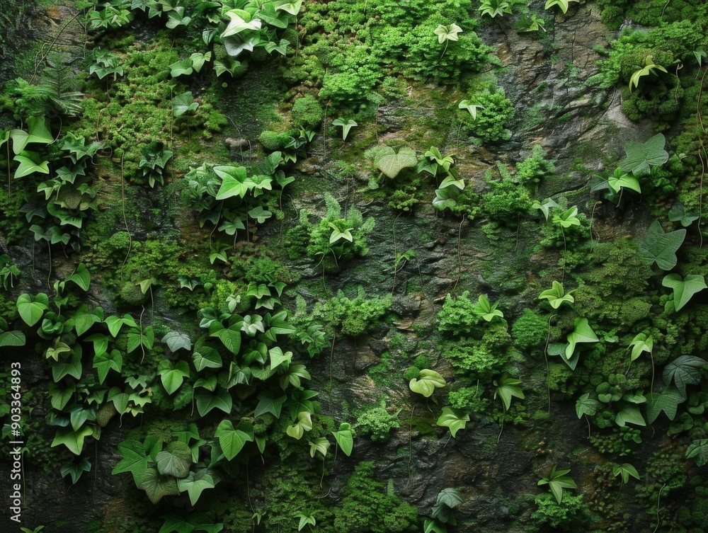 Close-up of moss and ivy growing on a textured bark surface. Close-up of moss and ivy growing on a textured bark surface.