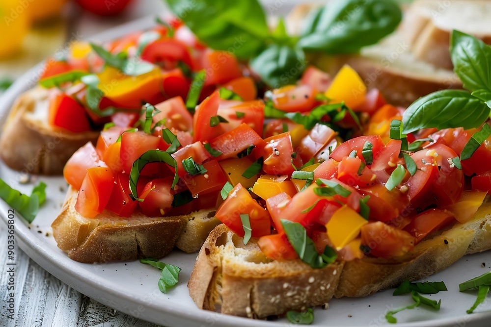 Bruschetta with tomatoes, basil and olive oil on wooden background Bruschetta with tomatoes, basil and olive oil on wooden background