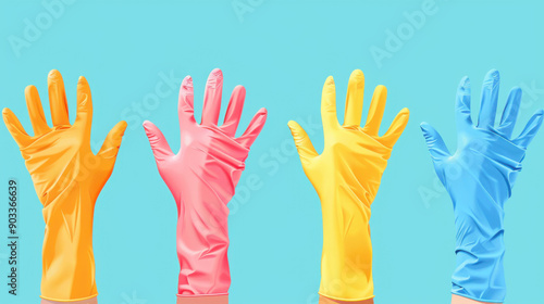 Four colorful rubber cleaning gloves in pink, yellow, and blue, raised up against a blue background.
