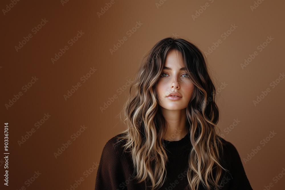 The portrait of an attractive young white female model with wavy blonde and brown hair, isolated on a brown background, shot in a studio. The portrait of an attractive young white female model with wavy blonde and brown hair, isolated on a brown background, shot in a studio.