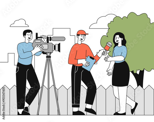 Journalist interviews concept. Men with camera and microphone ask questions to girl. Popular personality answers correspondents. Mass media and journalism. Linear vector illustration