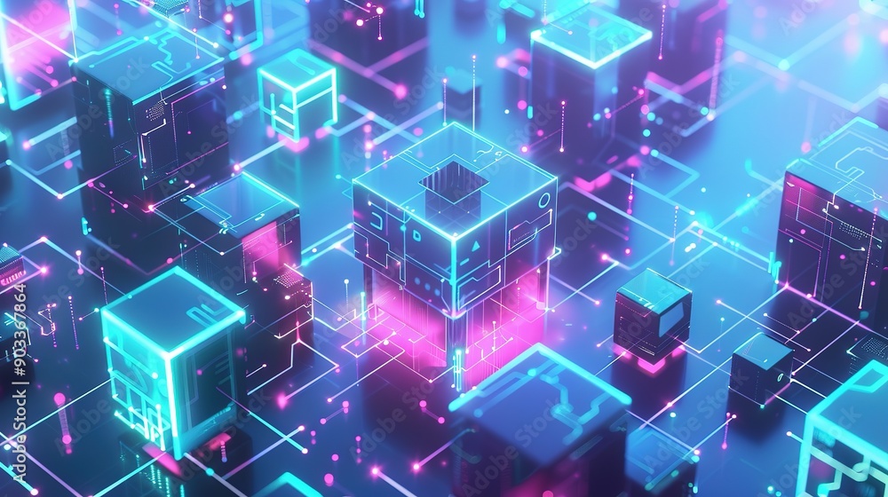 Glowing Cubes Connected by Neon Lines in a 3D Digital Network Glowing Cubes Connected by Neon Lines in a 3D Digital Network