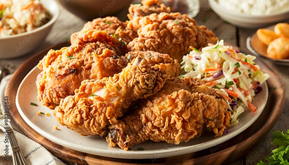 Crispy fried chicken with coleslaw salad on a plate Crispy fried chicken with coleslaw salad on a plate